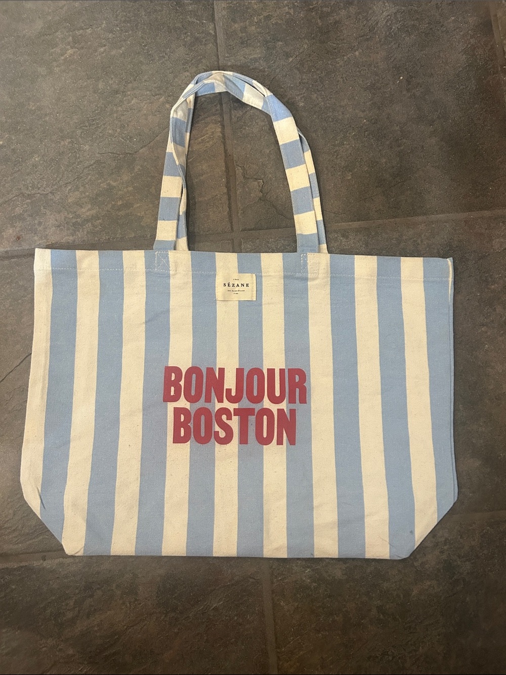 Se’zane Bon Jour Boston Blue and White Striped canvas Tote Bag